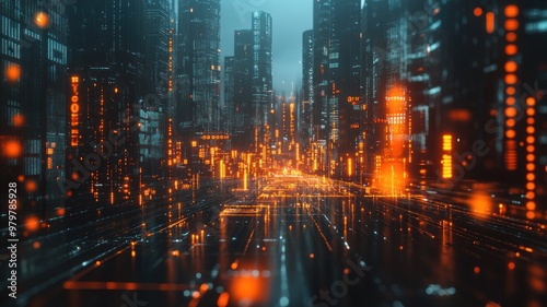 A modern city with financial data overlays, emphasizing urban finance and data visualization with modern technology.