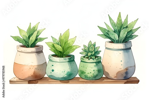 Assorted succulents in handmade clay pots stand on a light stone table on the terrace. Bright sunlight. Shadows. Retro style and colors. Cacti Crassula Echeveria Lithops Aichrizon.