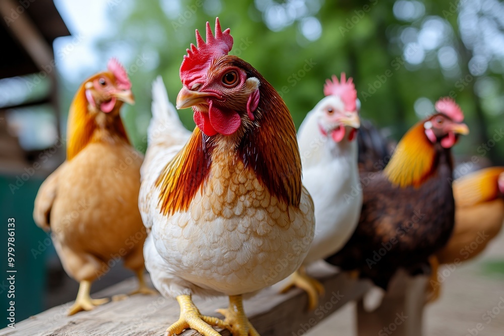 Fototapeta premium Farm animals like chickens roosting in the coop, settling down for the night