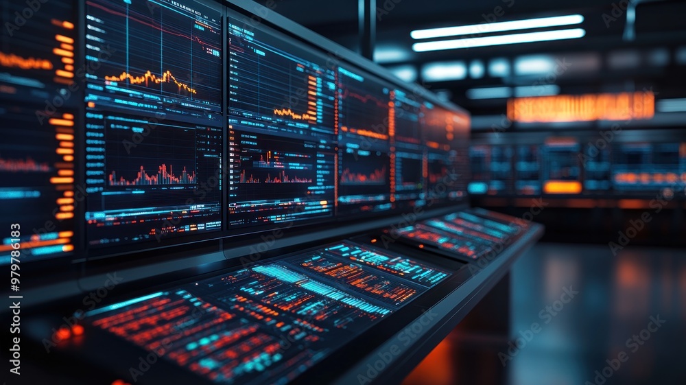 Automated trading robot executing trades on multiple screens in a high-tech trading environment. Automated trading robot executing trades on multiple screens in a high-tech trading environment.