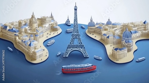 Explore a vibrant vector illustration of iconic landmarks and river tourism in a European city #979786162