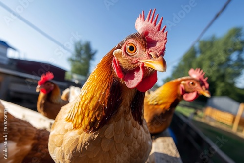 Farm animals like chickens roosting in the coop, settling down for the night photo