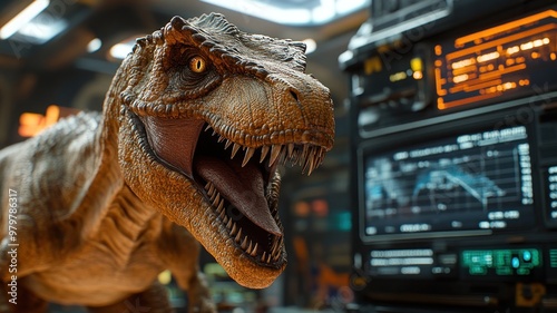 Fototapeta Naklejka Na Ścianę i Meble -  Revived dinosaur in a secure containment area with advanced monitoring systems in a high-tech research center.