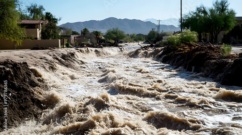 dry riverbed suddenly turning into a raging river during a flash flood, carrying debris and creating photo