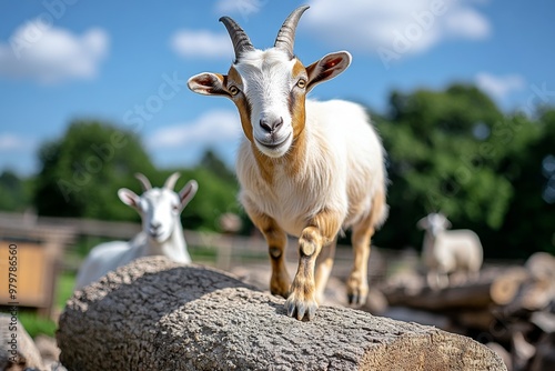 Farm animals like goats climbing on rocks and logs, showcasing their playful nature photo