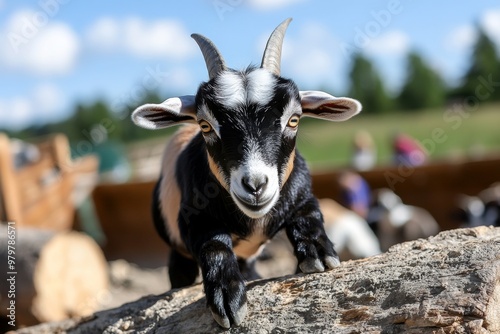 Farm animals like goats climbing on rocks and logs, showcasing their playful nature photo