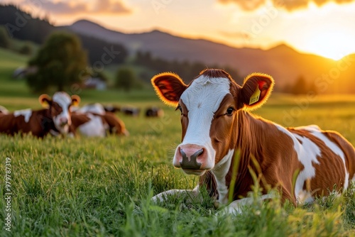 Farm animals such as cows and horses resting peacefully in a meadow at sunset
