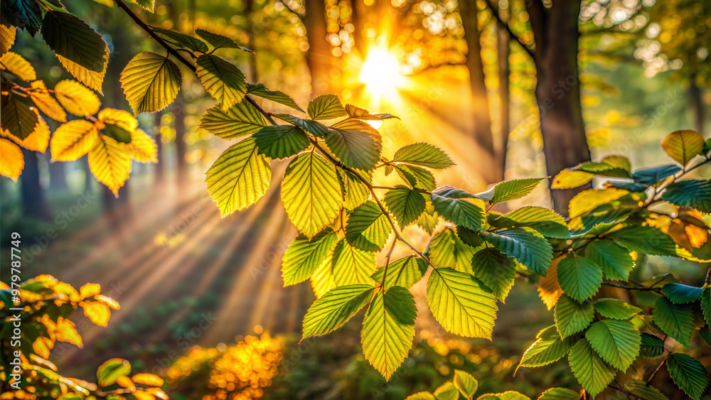 Obraz premium Radiant sunlight filtering through green leaves in a serene forest setting