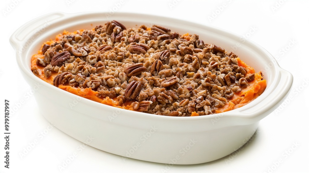 Delicious baked sweet potato casserole topped with pecans in a white serving dish
Delicious baked sweet potato casserole topped with pecans in a white serving dish