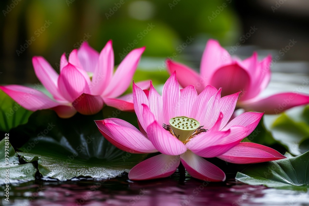 Lotus flowers blooming in a pond in Vietnam, with their delicate pink petals floating gracefully on the water Lotus flowers blooming in a pond in Vietnam, with their delicate pink petals floating gracefully on the water