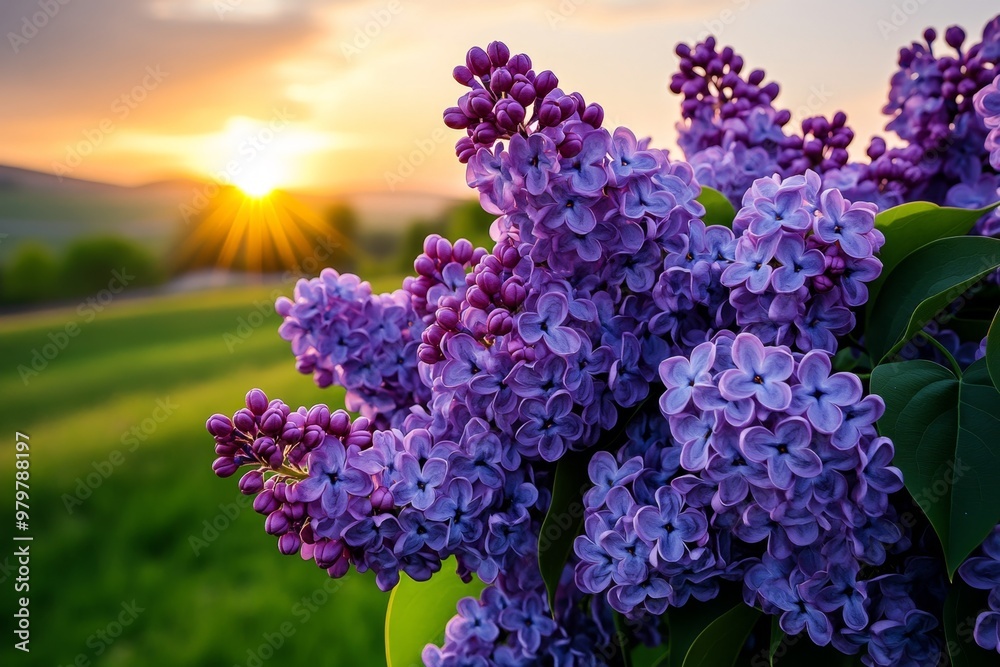 Lilacs in a French countryside, filling the air with their sweet fragrance as the sun sets over rolling fields Lilacs in a French countryside, filling the air with their sweet fragrance as the sun sets over rolling fields
