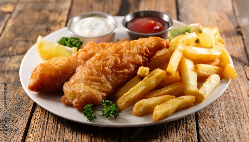 A plate of fish and chips with ranch and ketchup; a healthy amount of fish and chips at a restaurant; food photography; selective focus; blurred background A plate of fish and chips with ranch and ketchup; a healthy amount of fish and chips at a restaurant; food photography; selective focus; blurred background