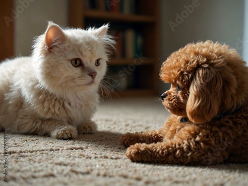 Toy poodle trying to befriend an uninterested cat photo