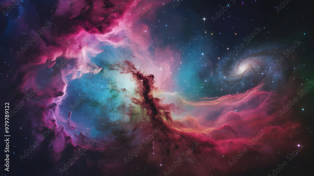 A stunning view of a colorful nebula in space, showcasing swirling clouds of gas and dust in shades of pink, blue, and purple, with bright stars scattered throughout the scene. A stunning view of a colorful nebula in space, showcasing swirling clouds of gas and dust in shades of pink, blue, and purple, with bright stars scattered throughout the scene.