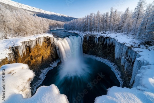 Majestic waterfall framed by frosted trees, the sound of the rushing water echoing through the silent winter forest