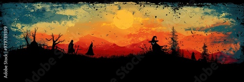 Spooky Halloween poster featuring silhouettes against a vibrant sunset landscape photo