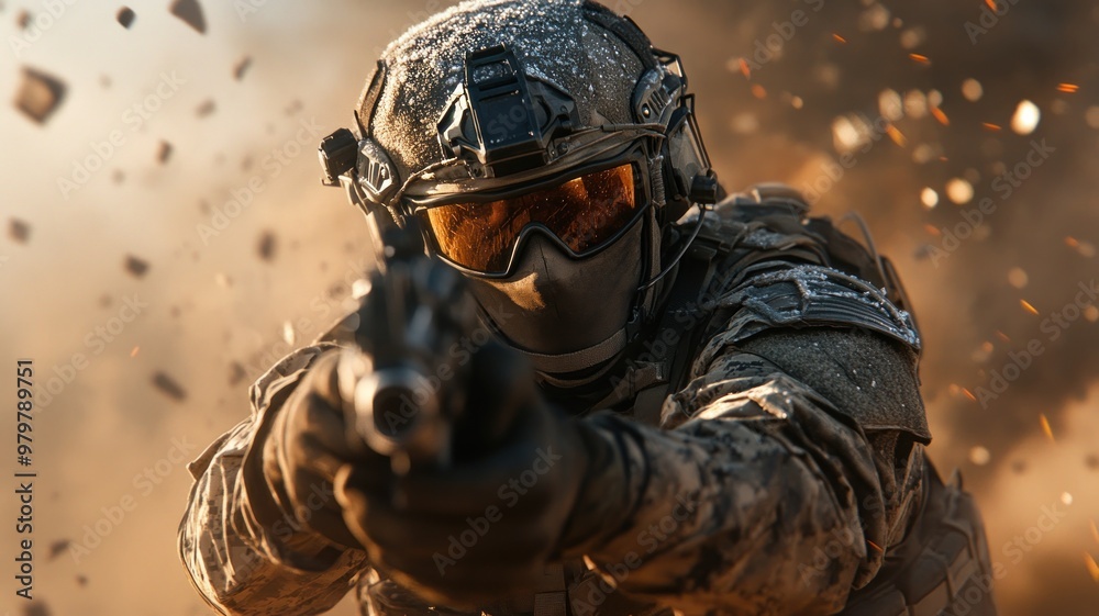 Soldier in full combat gear on battlefield. Intense lighting, dusty atmosphere, determined expression. Soldier in full combat gear on battlefield. Intense lighting, dusty atmosphere, determined expression.