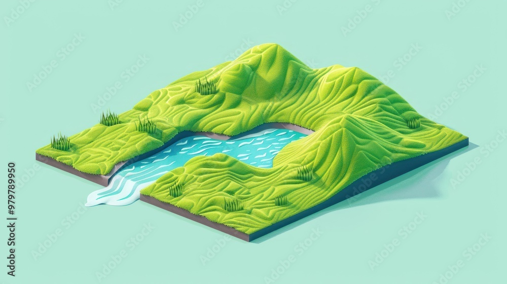 3D Illustration of a Green Hills and a Small River 3D Illustration of a Green Hills and a Small River