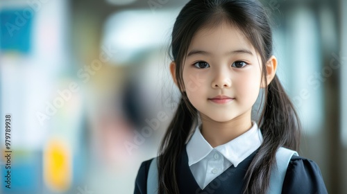 Little cute Asian schoolgirl wearing uniform in classroom looking into camera. Back to school concept photo