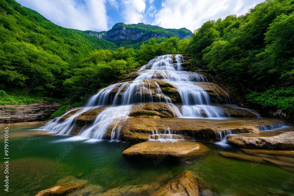 Fototapeta premium Majestic waterfall in late summer, its flow slightly reduced but still surrounded by lush, vibrant greenery