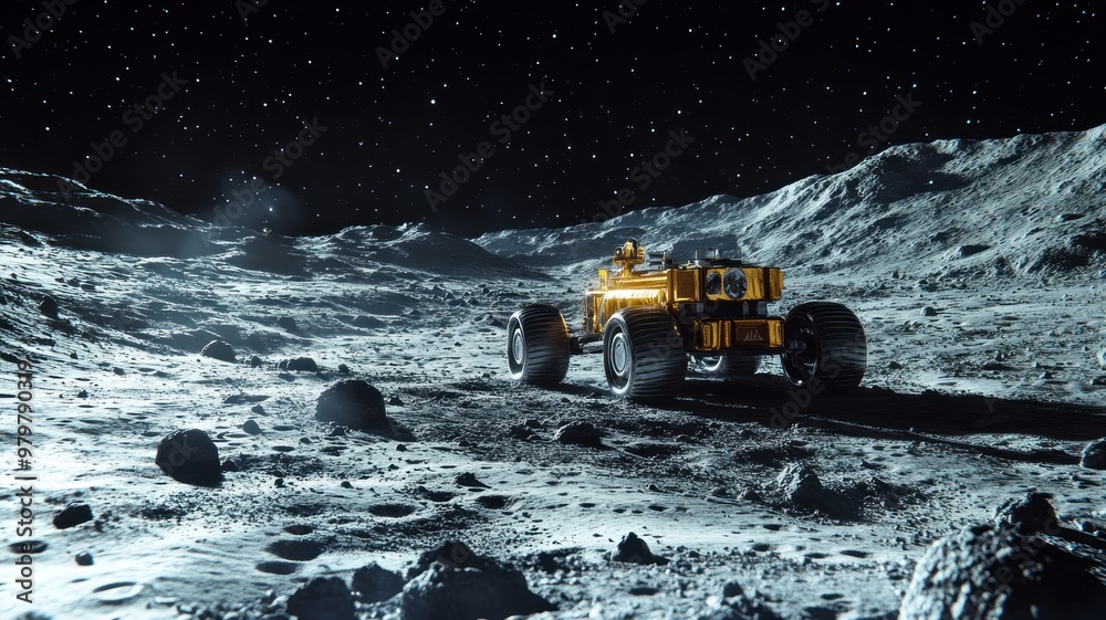 Lunar rover exploring Moon's surface. Craters, mountains in background. Lunar rover exploring Moon's surface. Craters, mountains in background.