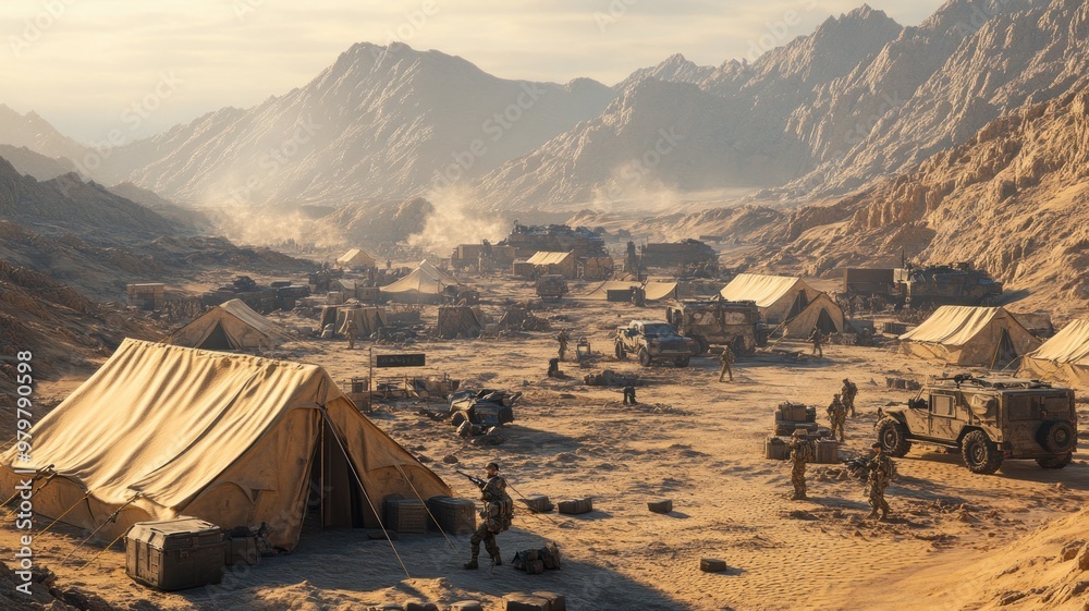 Fotografie Soldiers setting up camp in desert environment