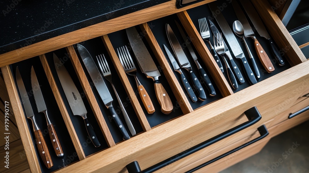 A drawer filled with a variety of kitchen utensils, including knives, forks, and spoons, neatly organized in a wooden drawer A drawer filled with a variety of kitchen utensils, including knives, forks, and spoons, neatly organized in a wooden drawer