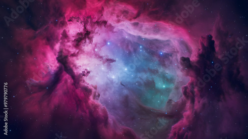 A stunning view of a colorful nebula in space, showcasing swirling clouds of gas and dust in shades of pink, blue, and purple, with bright stars scattered throughout the scene.