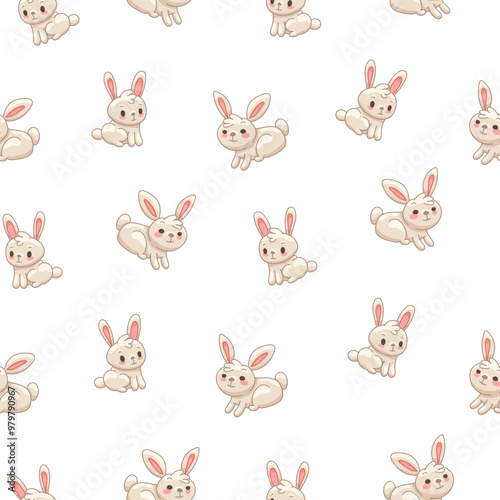 Cute rabbit character. Seamless pattern. Kawaii cartoon hare. Vector drawing. Design ornaments.