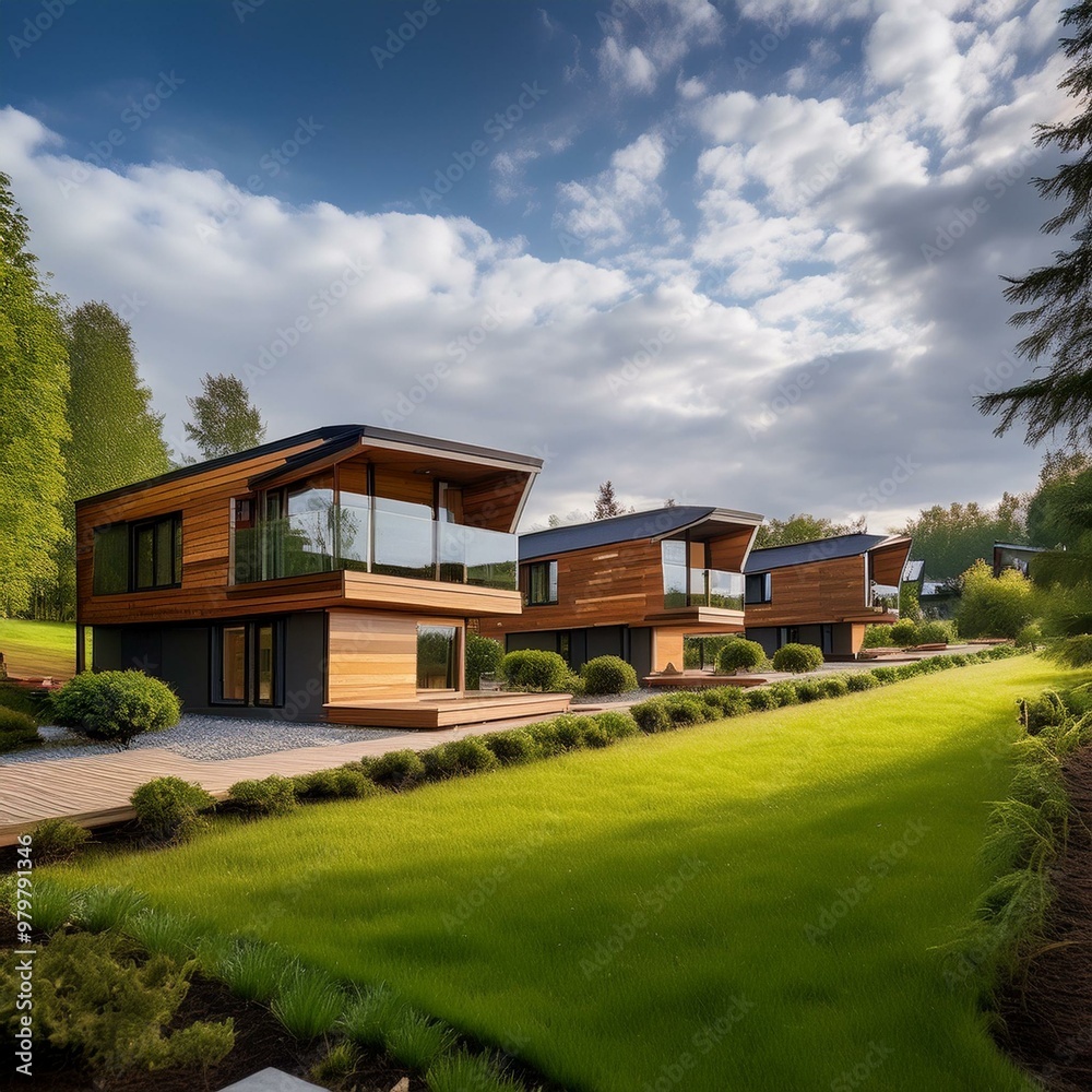 modern wooden house in a green area with clouds modern wooden house in a green area with clouds