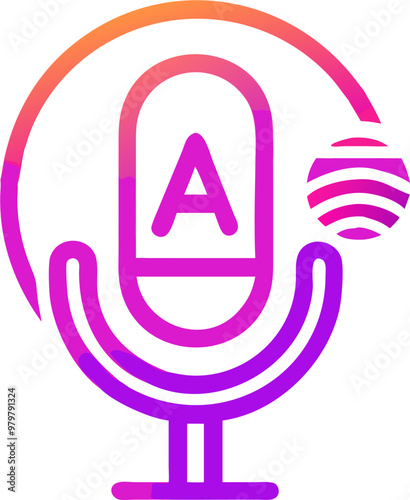 a stylized microphone icon with the letter "A" prominently displayed in the center. The design is enclosed within a circular gradient outline that transitions from orange to pink, adding a dynamic and