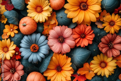 Wallpaper Mural Colorful mini pumpkins and flowers decorations. Autumn composition frame. Free copy space Torontodigital.ca