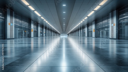 An empty airport terminal corridor with sleek flooring and bright lighting. Emphasis on modern design  clean lines  and organized layout.