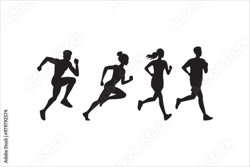 Run, set of running people, isolated vector silhouettes. Group of men and women runners. Vector illustration. photo