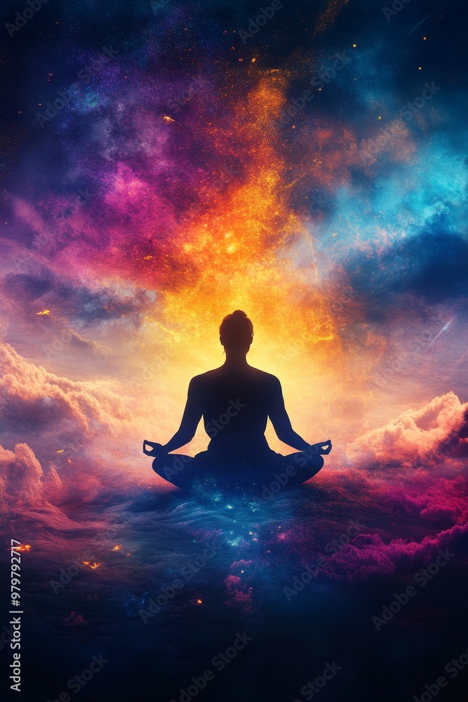 Meditative figure amidst vibrant path of transformation and enlightenment Meditative figure amidst vibrant path of transformation and enlightenment