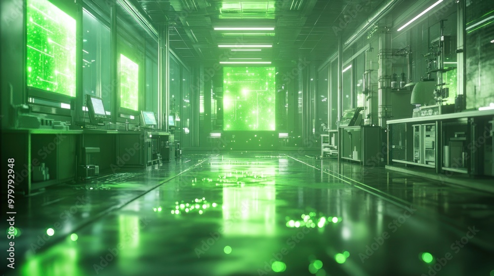 A futuristic biotech facility featuring digital holograms and a sleek design, bathed in green hues and a high-tech environment. A futuristic biotech facility featuring digital holograms and a sleek design, bathed in green hues and a high-tech environment.