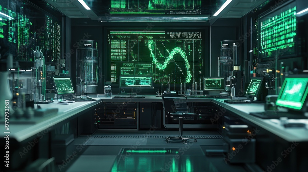 A futuristic biotech lab equipped with digital DNA sequencing equipment, highlighted by green lighting, advanced research, and innovation. A futuristic biotech lab equipped with digital DNA sequencing equipment, highlighted by green lighting, advanced research, and innovation.
