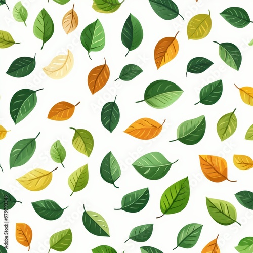 A vibrant pattern of various leaves showcasing different shapes and colors, perfect for nature-themed designs and backgrounds.