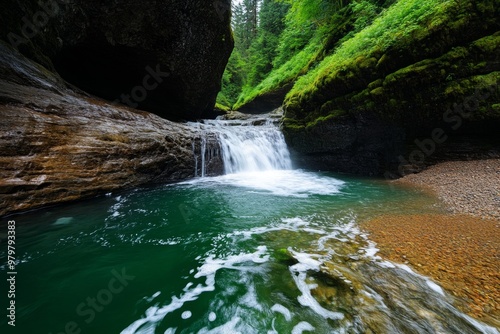 Olympic National Park's Enchanted Valley, where waterfalls cascade from towering cliffs and flow into a lush valley photo