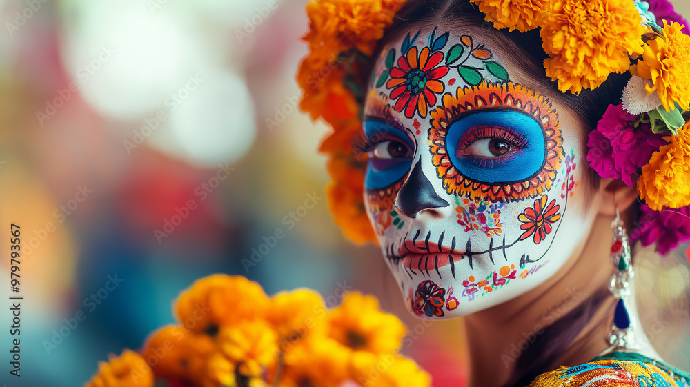 A woman with intricate Day of the Dead makeup, her face painted in vibrant color A woman with intricate Day of the Dead makeup, her face painted in vibrant color