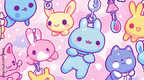 Cute Kawaii Bunnies and Friends on Pink Background