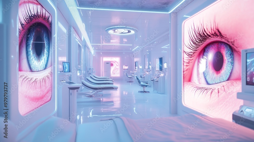 A futuristic eye clinic featuring AI-powered diagnostic systems and ...