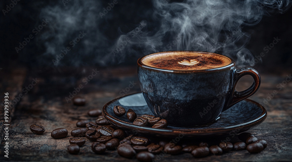 Hot coffee cup with coffee bean on wooden table. Coffee background for cafe or coffee shop Hot coffee cup with coffee bean on wooden table. Coffee background for cafe or coffee shop