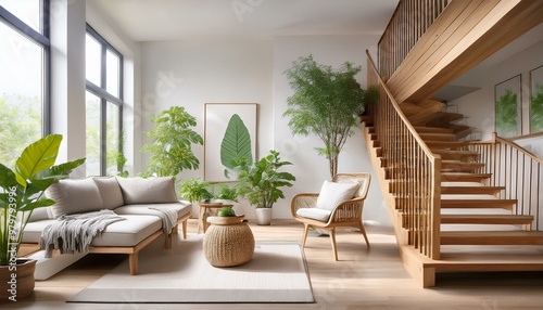 Cozy living room with a wooden staircase and indoor plants in a bright  airy space
