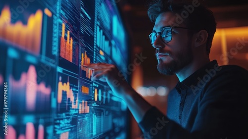 A business strategist presents a growth strategy using a digital whiteboard in a contemporary office, with bright lighting and modern tools emphasizing strategic planning.