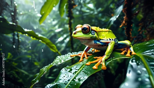 Colorful Tropical Frog resting on Leaf in Lush Rainforest, Highlighting Vibrant Wildlife and Exotic Nature in Sunlit Jungle Environment photo