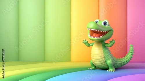 Surprised baby crocodile standing on a pastel rainbow vibrant colors 3D cartoon illustration whimsical design copy space photo