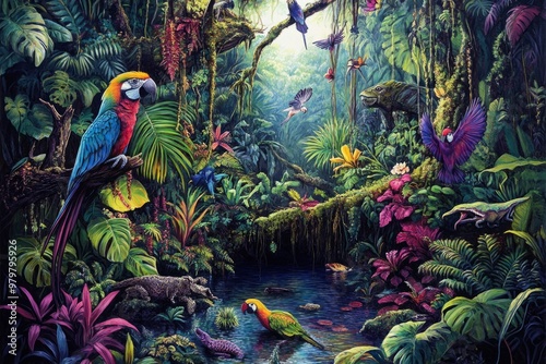 A vibrant jungle scene filled with colorful parrots, lush greenery, and a serene water stream. Perfect for nature lovers and wildlife enthusiasts. Generative AI photo