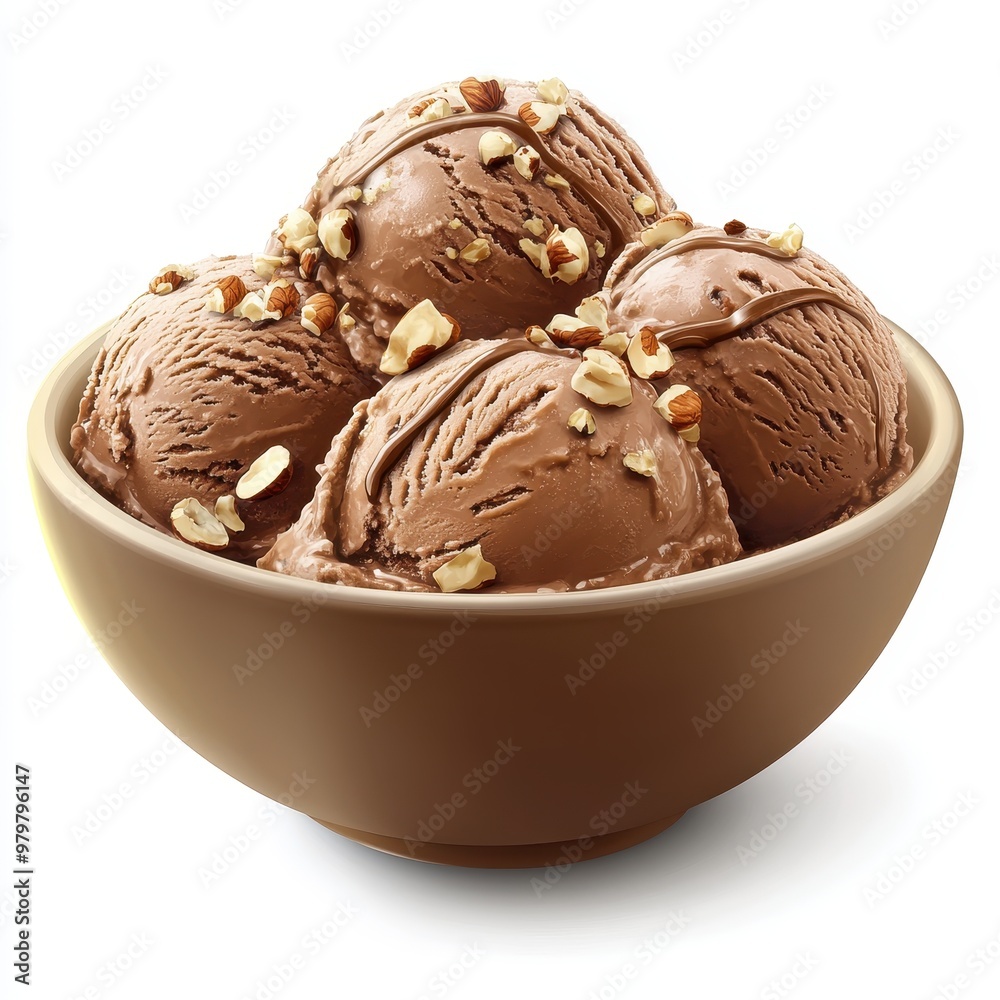 Delicious chocolate ice cream topped with crunchy nuts in a bowl, perfect for dessert lovers and sweet treat enthusiasts, white background Delicious chocolate ice cream topped with crunchy nuts in a bowl, perfect for dessert lovers and sweet treat enthusiasts, white background