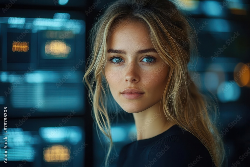 confident businesswoman in modern office holographic displays futuristic corporate environment confident businesswoman in modern office holographic displays futuristic corporate environment